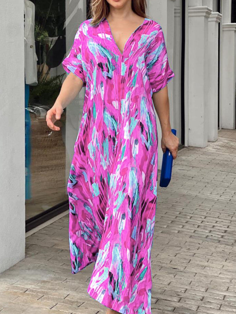 High Waist Printed Short Sleeve V-neck Maxi Boho Dress