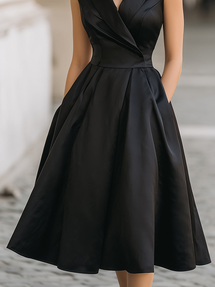 Vintage-Inspired Satin Fit-and-Flare Midi Dress With Sculpted Shawl Collar