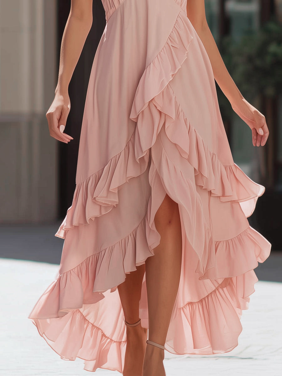 Asymmetrical Ruffle Chiffon Maxi Dress With Spaghetti Straps