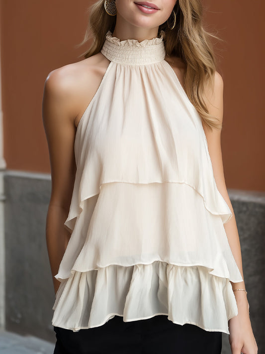 Cream Ruffled Halter Tiered Chiffon Top