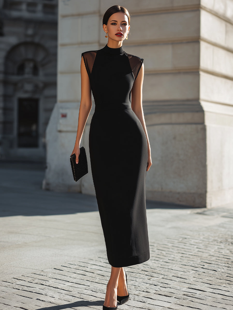 Structured High-Neck Midi Dress With Sheer Shoulder Panels – KSXTXX