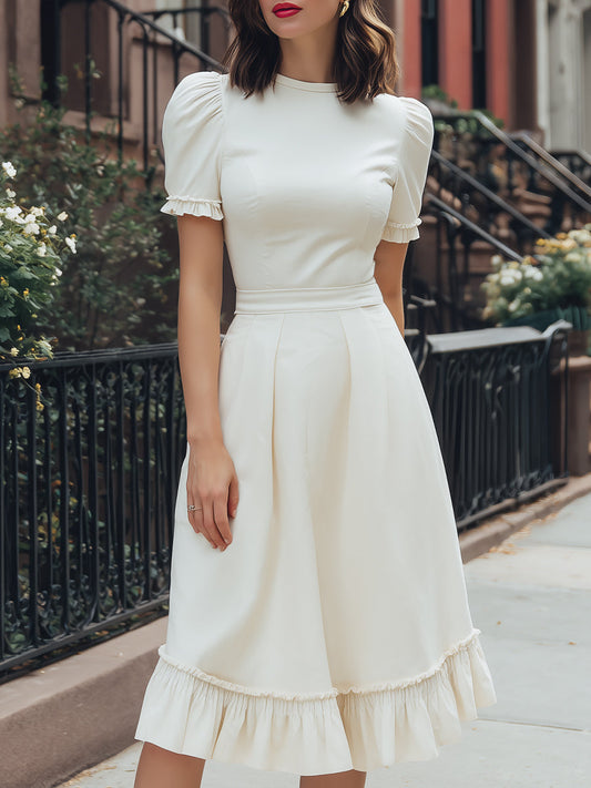 Puff Sleeve Ruffle Hem A-Line Midi Dress