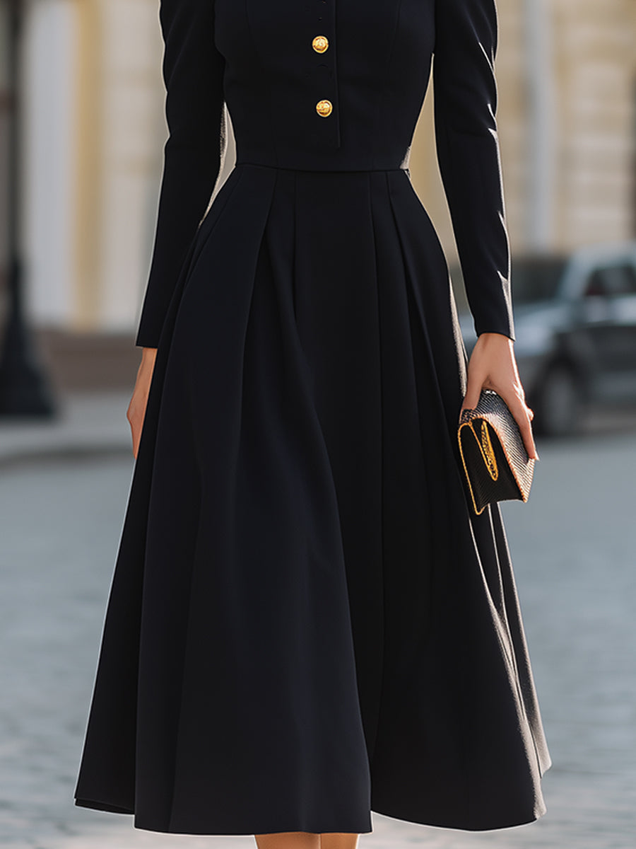 Black Square-Neck Long-Sleeve Midi Dress With Gold Buttons