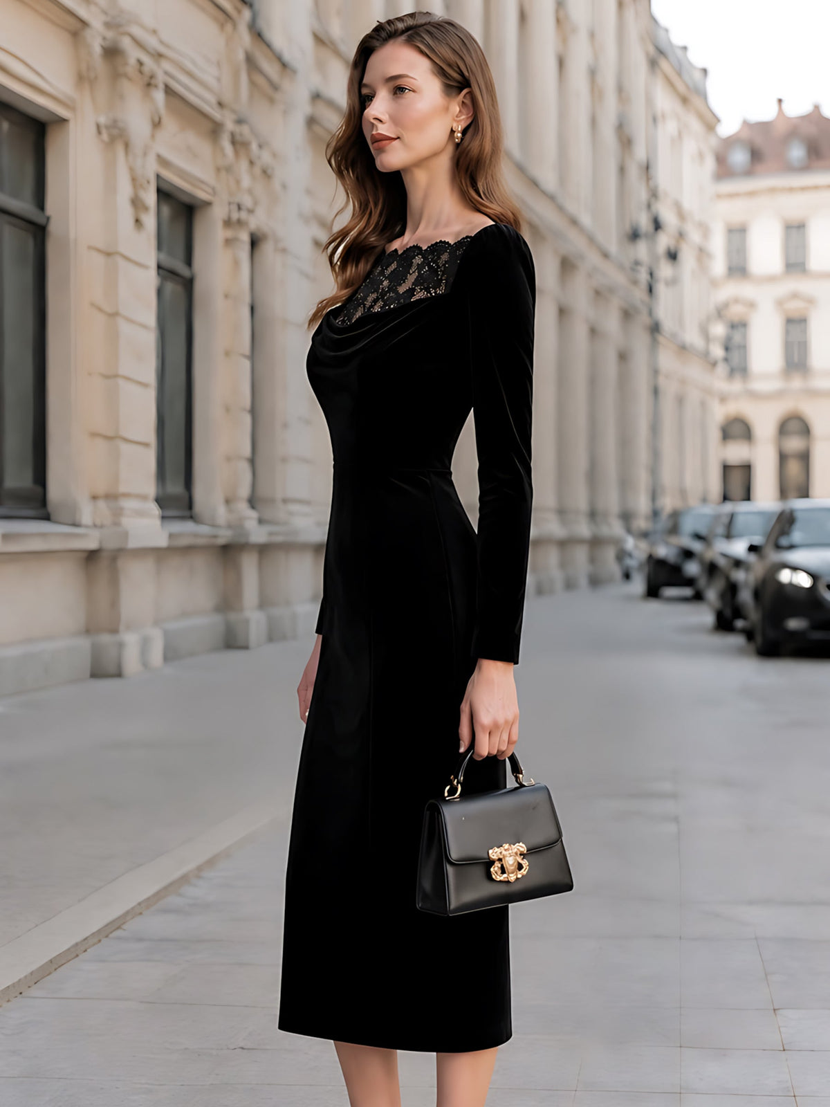 Elegant Velvet Lace Off-Shoulder Bodycon Midi Dress