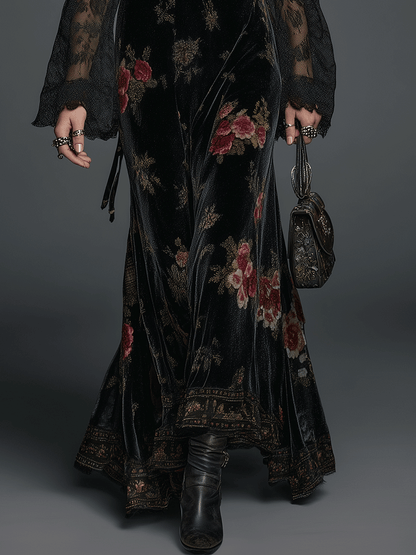 Midnight Romance Enchanting Floral Velvet Maxi Dress for Mystic Vacations