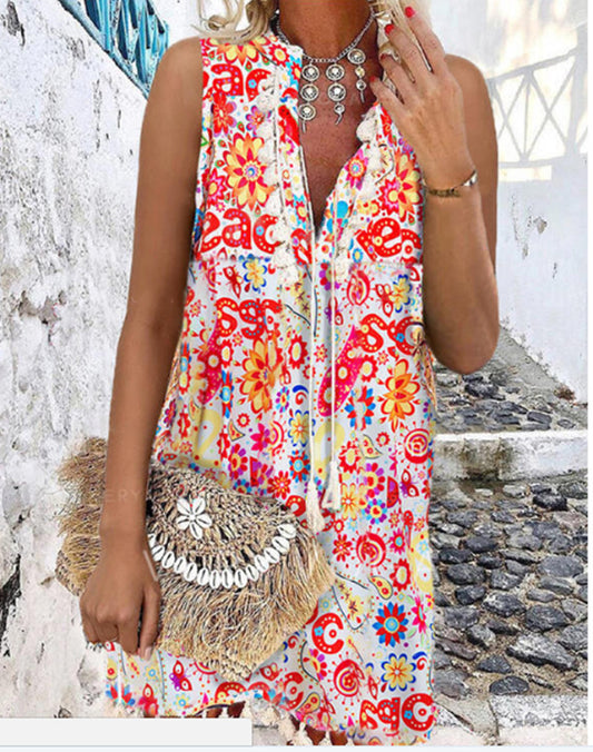 Printed V-neck Tassel Sleeveless Boho Dress