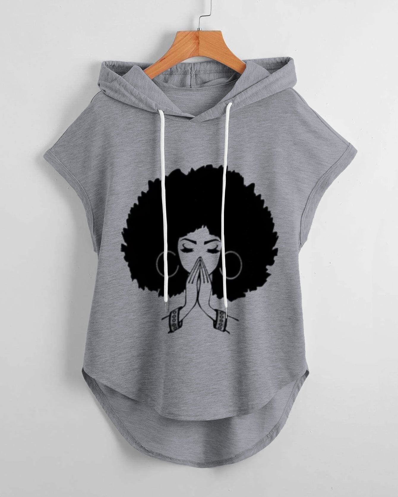 Afro Praying Girl High Low Hem Drawstring Hooded Tee