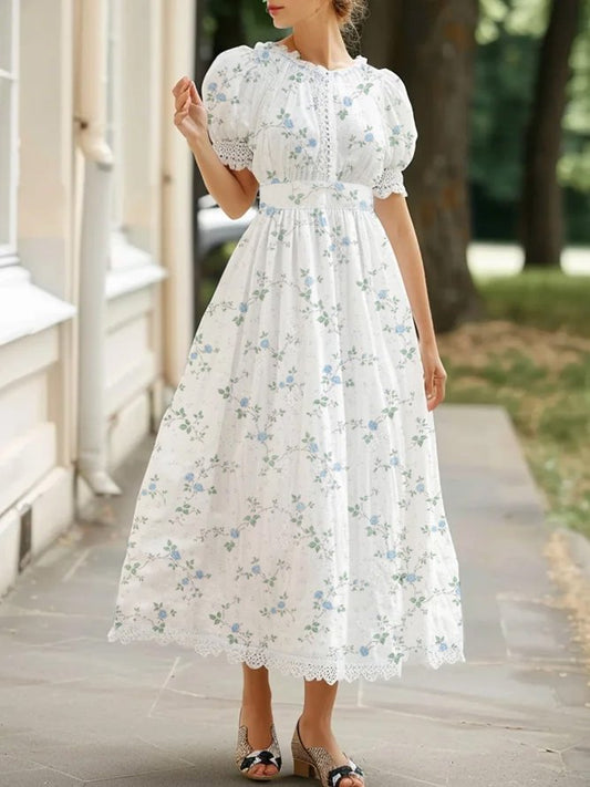 Floral Maxi Dress, Puff Sleeve, Lotus Leaf Collar, Linen Blend, White