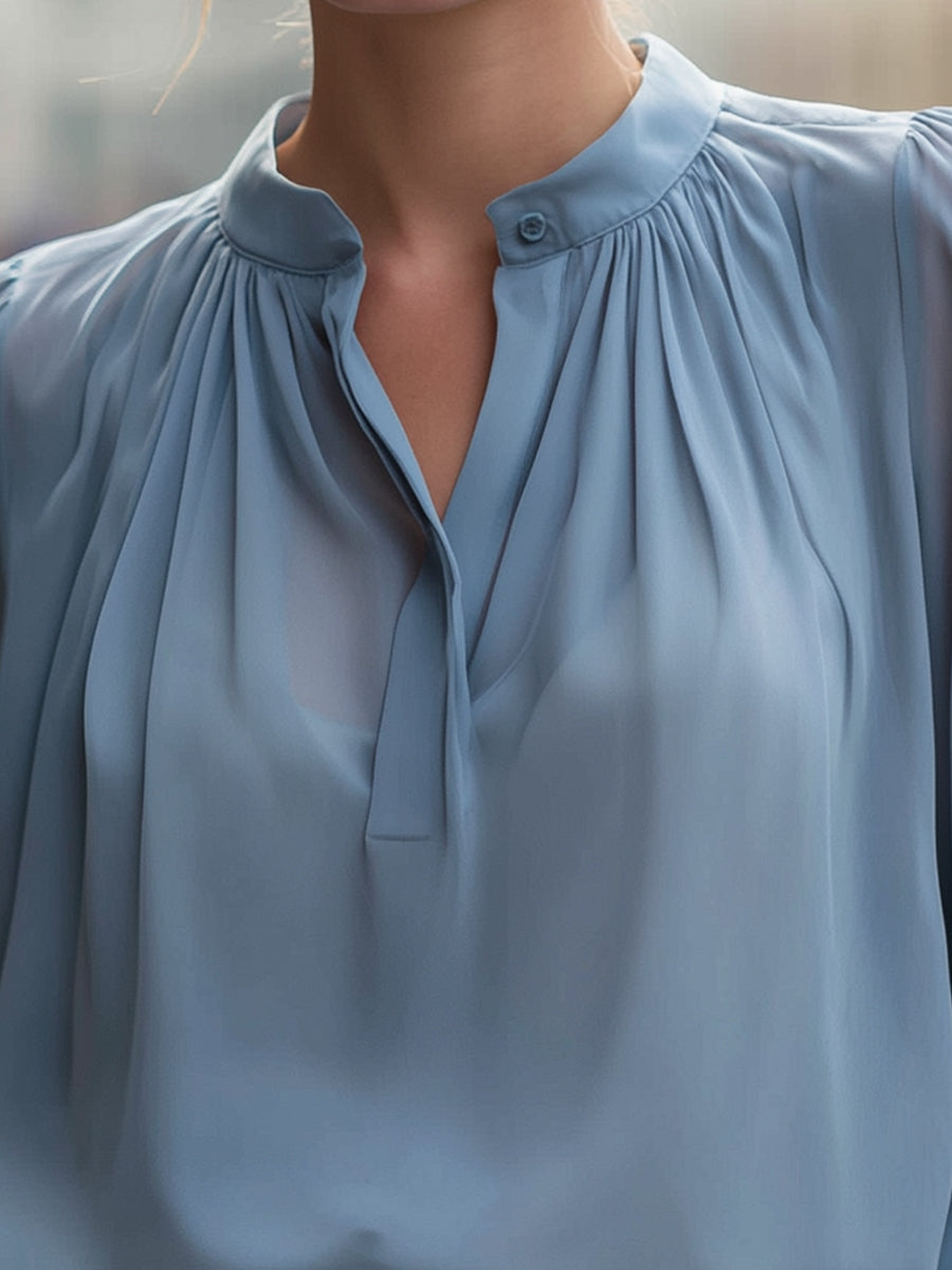 Dusty Blue Pleated Mandarin-Collar Chiffon Blouse