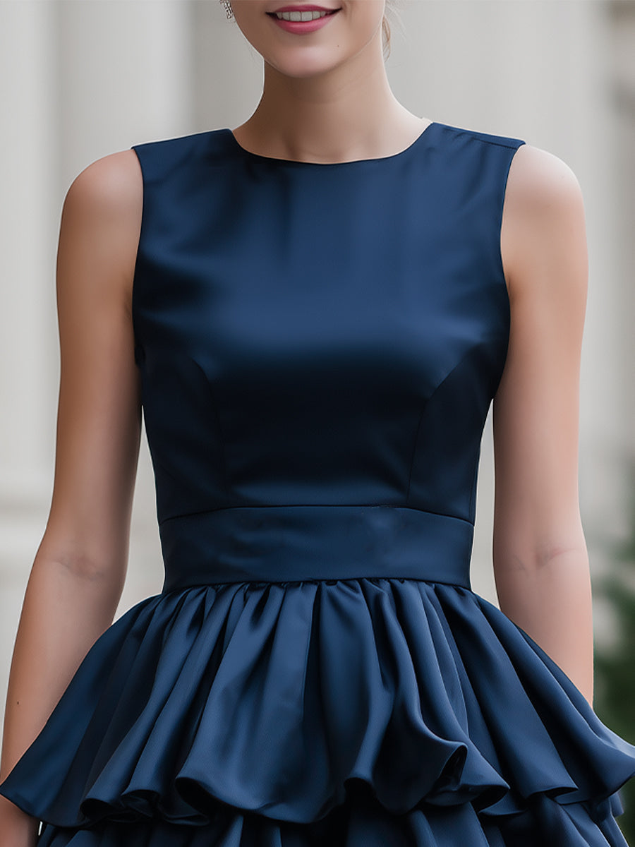 Navy Satin Tiered Ruffle Sleeveless Mini Dress