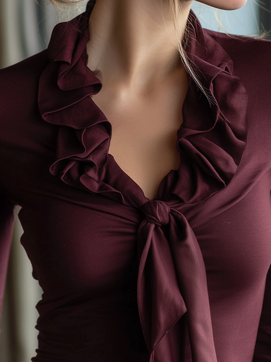 Burgundy Ruffled Tie-Neck Long Sleeve Top