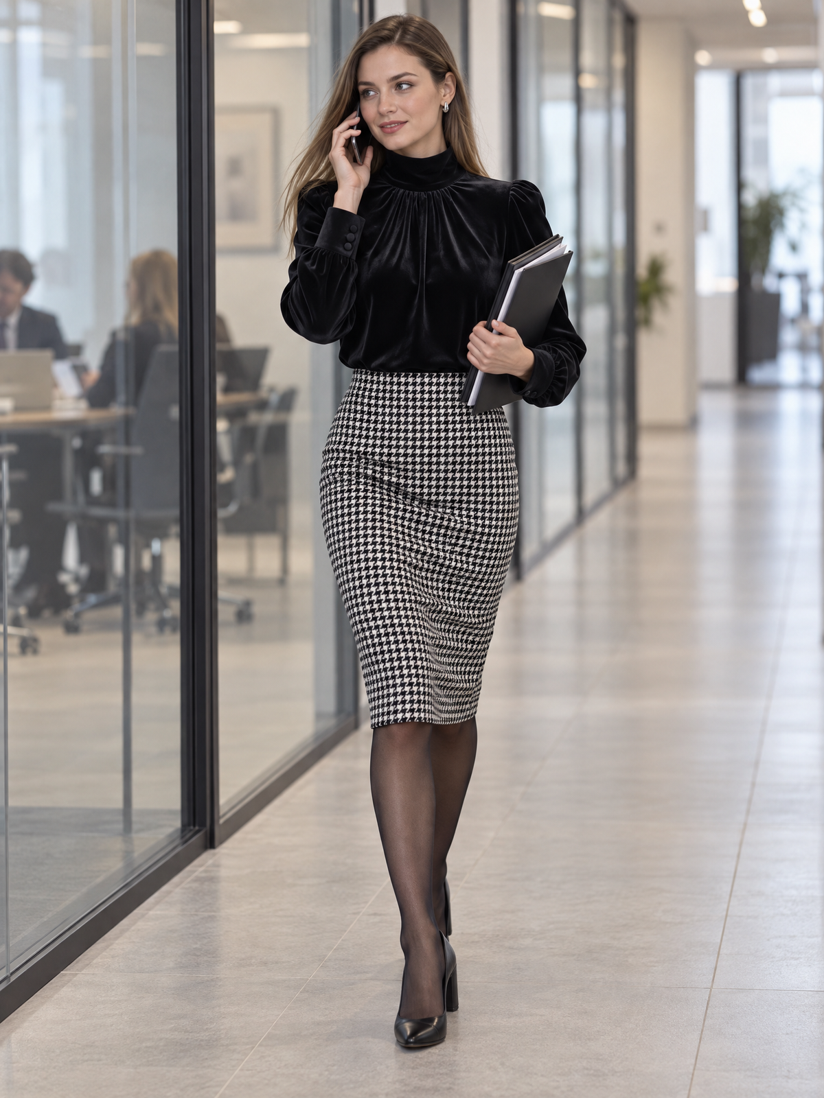 Velvet Mock Neck Gathered Puff Sleeve Blouse