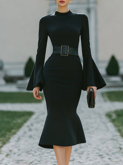 Belted Flared-Sleeve Midi Dress