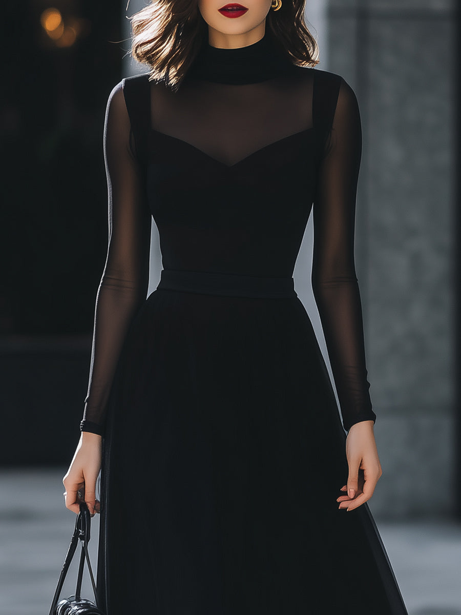 Sheer-Sleeve High-Neck A-Line Midi Dress