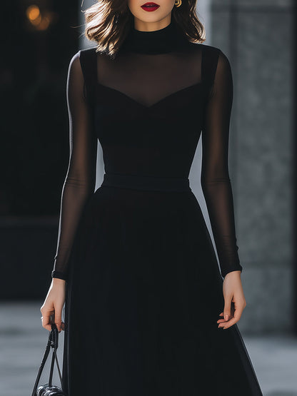 Sheer-Sleeve High-Neck A-Line Midi Dress