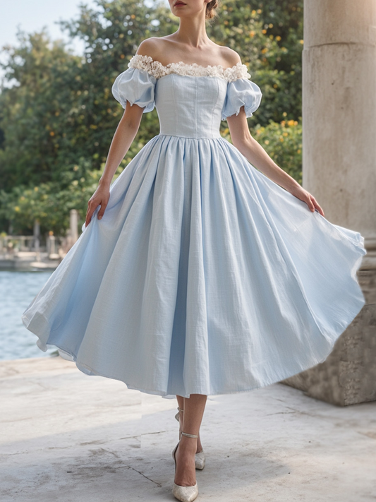 Linen Midi Dress, Balloon Sleeve, Lace Collar, Plain, Vintage, Blue