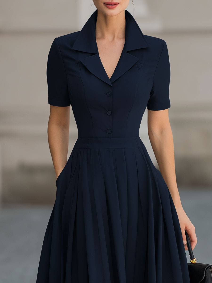 KSXTXX Presents The Deep Navy Shirt Collar Fit-and-Flare Midi Dress