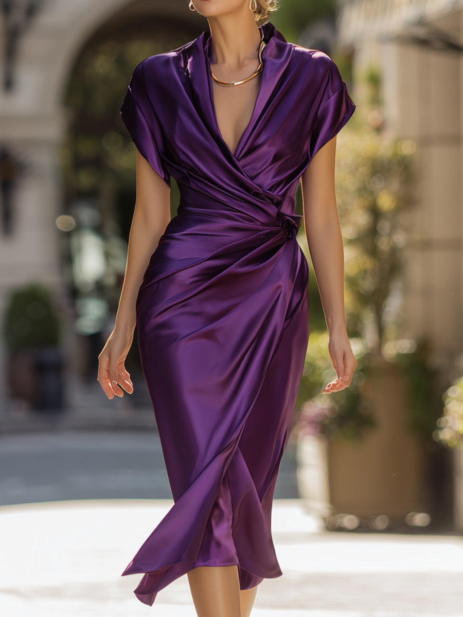 Deep Purple Satin Wrap Midi Dress With Draped Waist