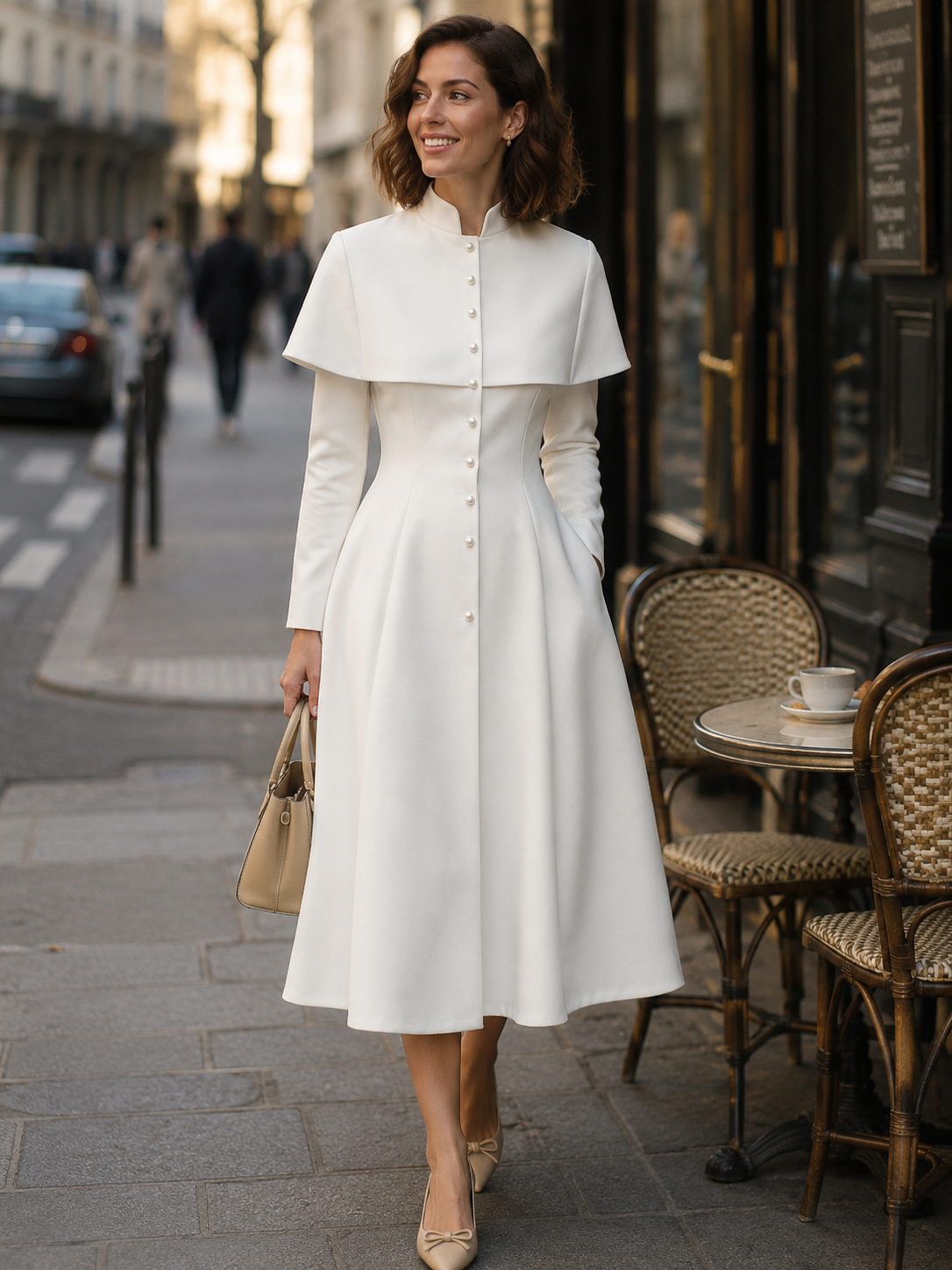 Cape-Overlay Pearl Button High-Neck Midi Dress