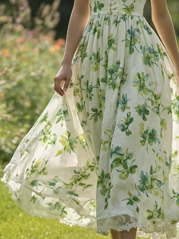 Linen Maxi Dress, Short Sleeve, V neck, Floral, Vintage, Green