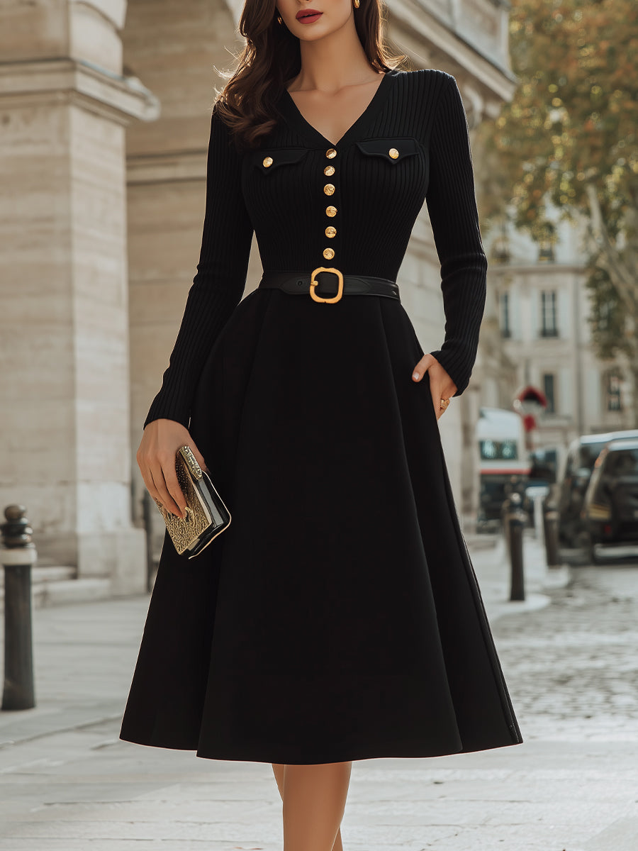 Long Sleeve Buttoned V-Neck A-Line Midi Dress