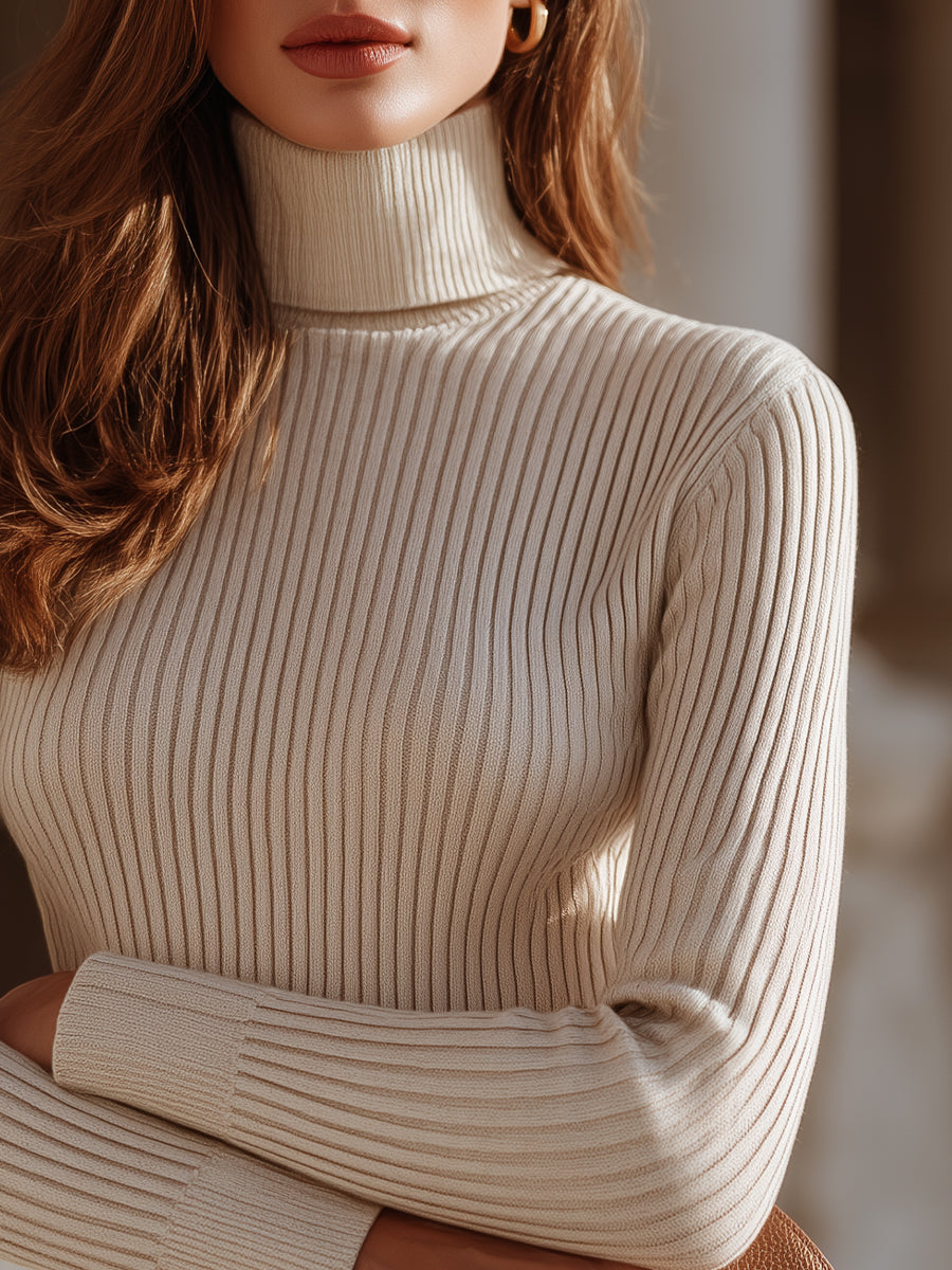 Cream Ribbed Knit Turtleneck Sweater