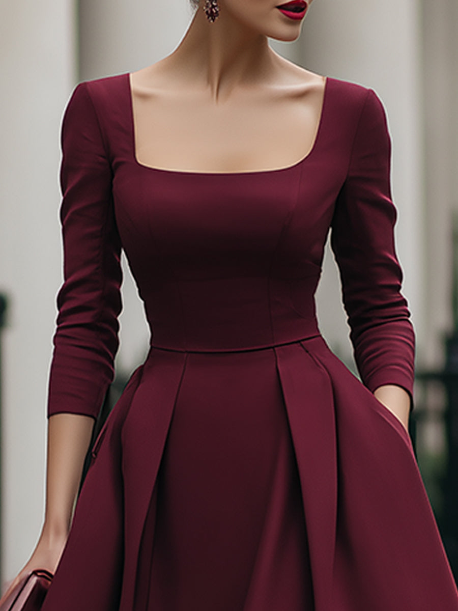 Elegant Square-Neck Plain A-Line Midi Dress