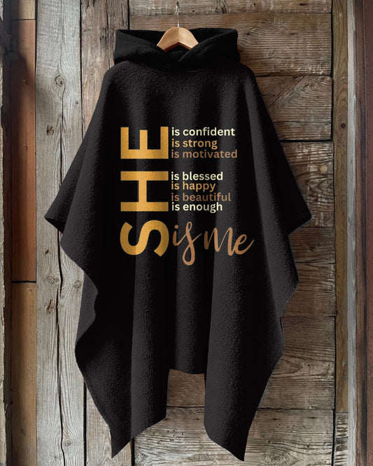 She Is Me Letter Printing Hooded Warm Shawl Cape