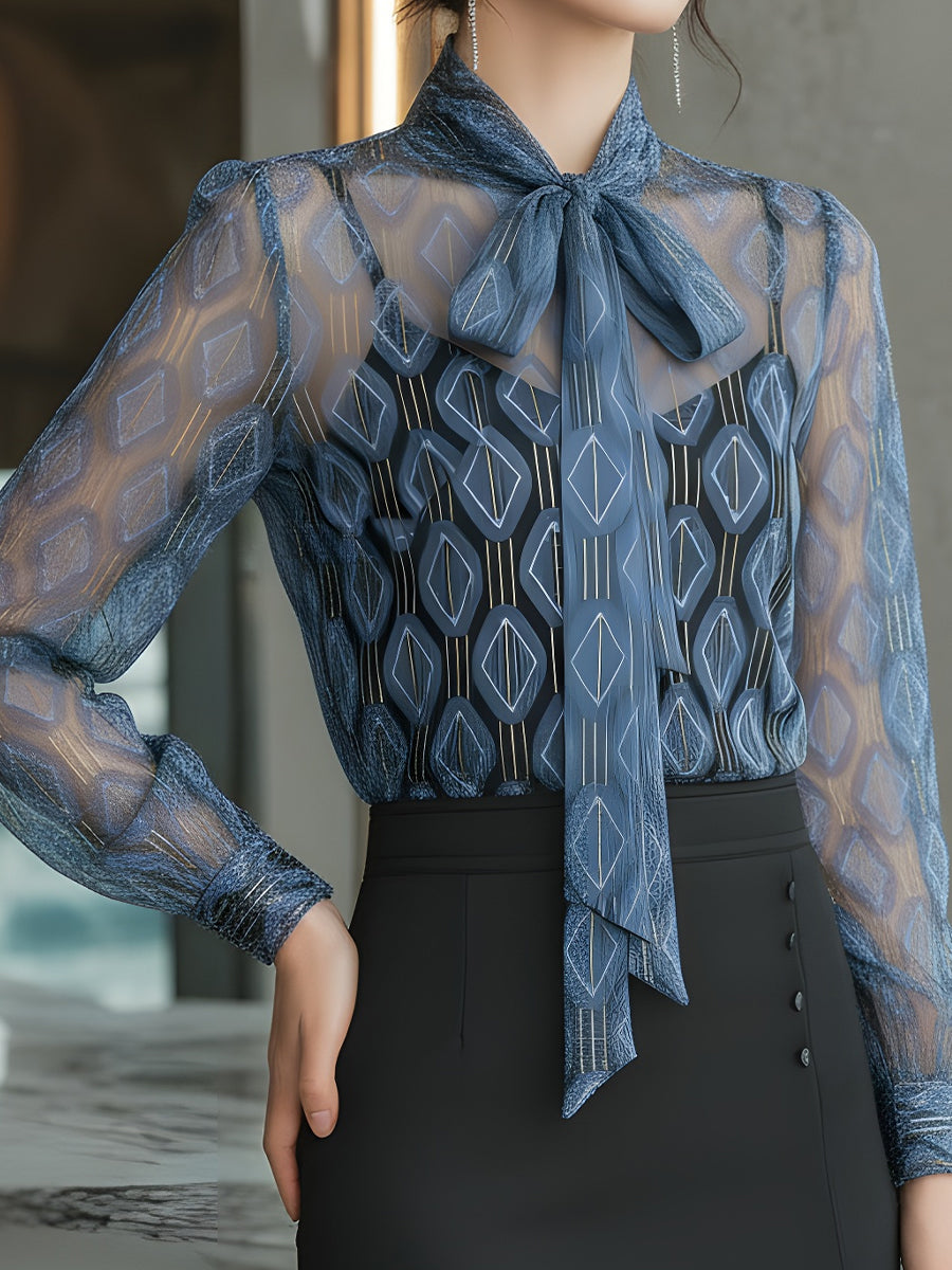 Blue Geometric Sheer Chiffon Tie-Neck Blouse