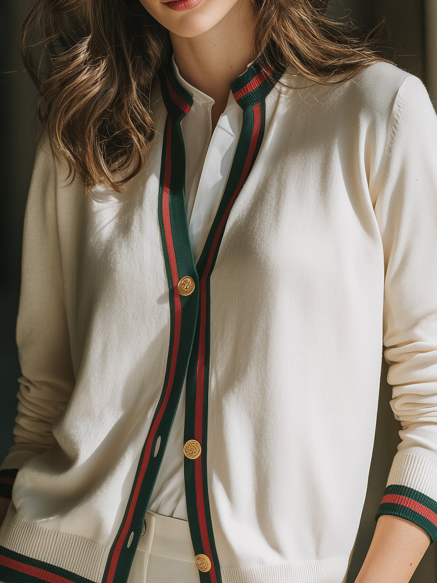 Contrast Trim Button-Front Knit Cardigan