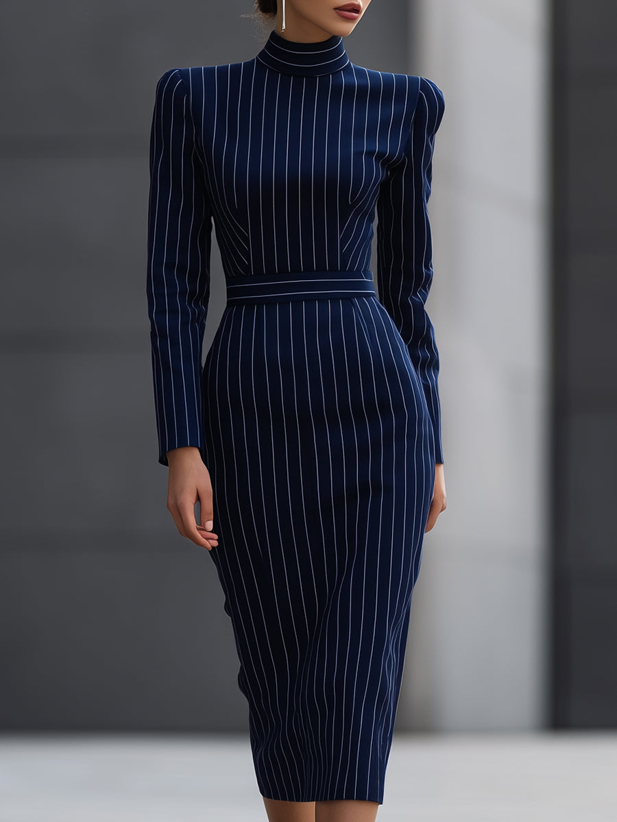 Navy Pinstripe High-Neck Midi Dress