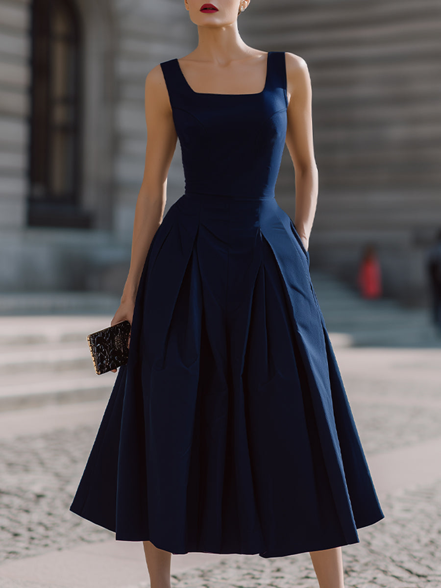 Square Neck Structured Pleated Midi Dress