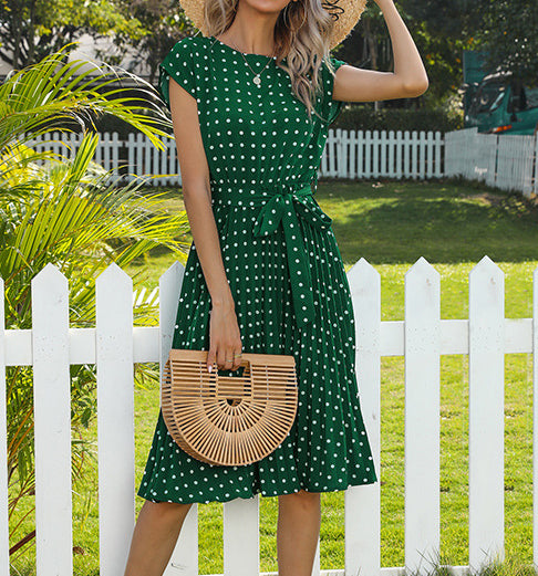 Mid-Length Dress Short Sleeve Lace-up Polka Dots Pleated Dress