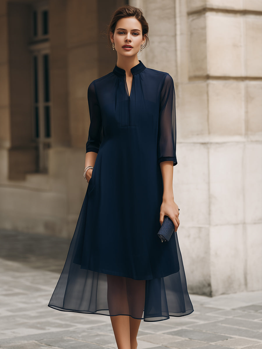 Mandarin Collar Sheer Overlay Midi Dress