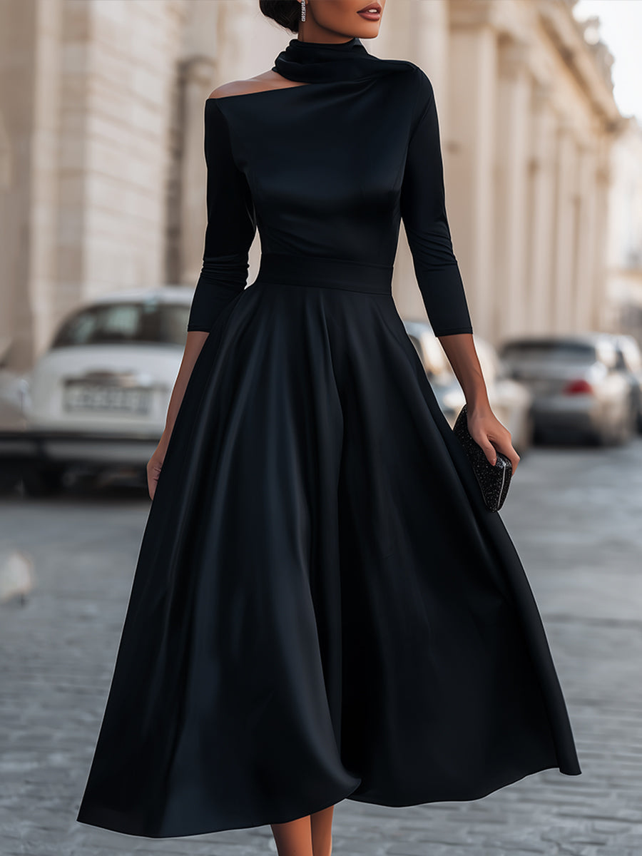 Asymmetric High-Neck Long Sleeve Midi Dress