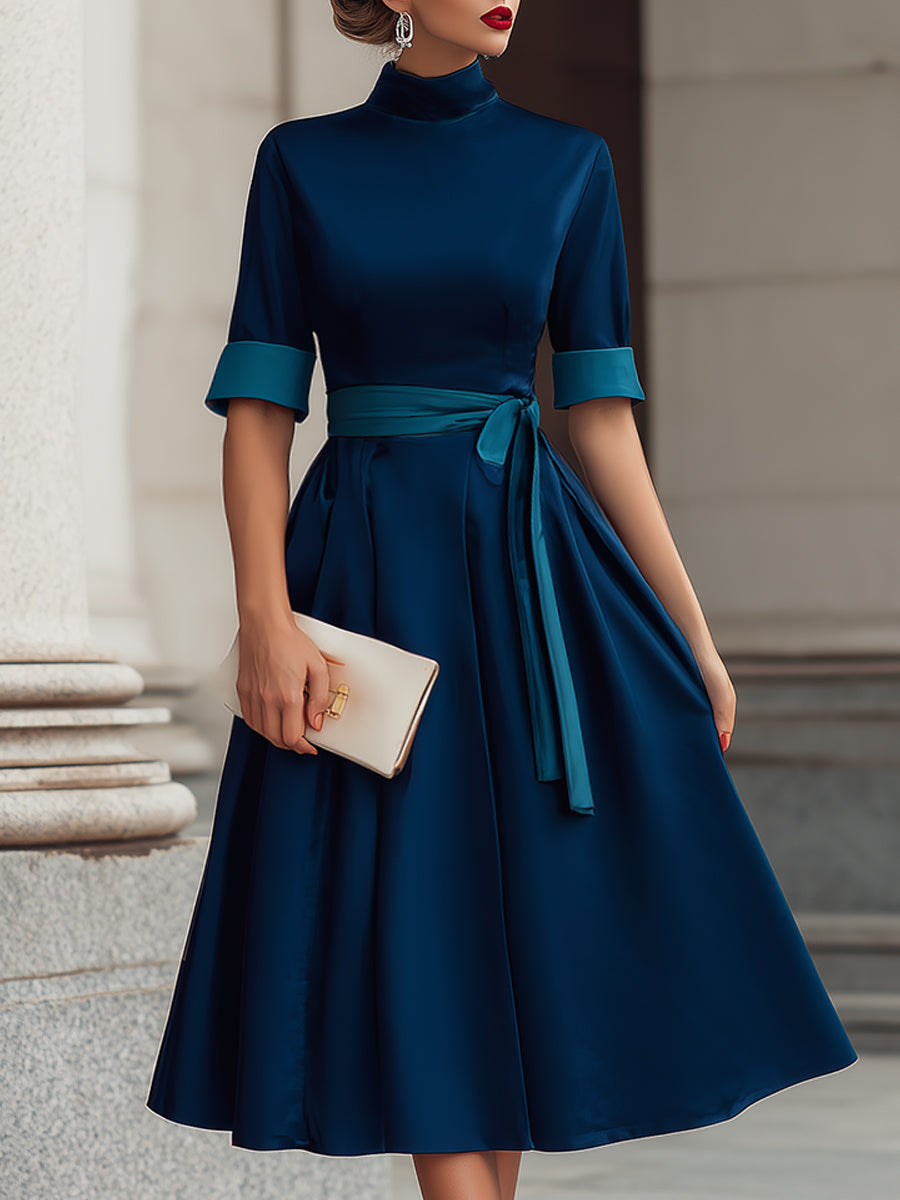 High-Neck Belted Midi Dress