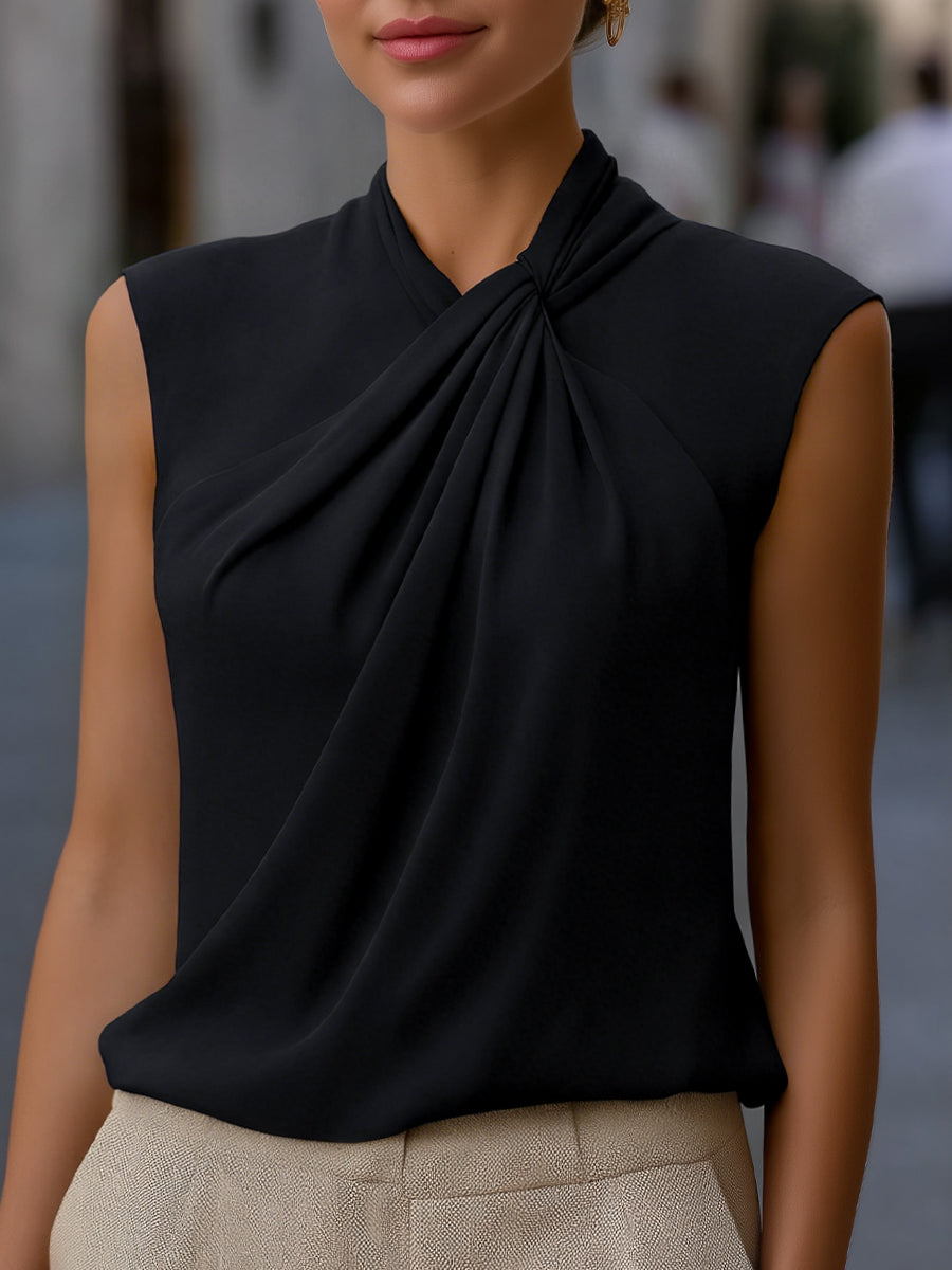 Twist-Neck Draped Sleeveless Blouse