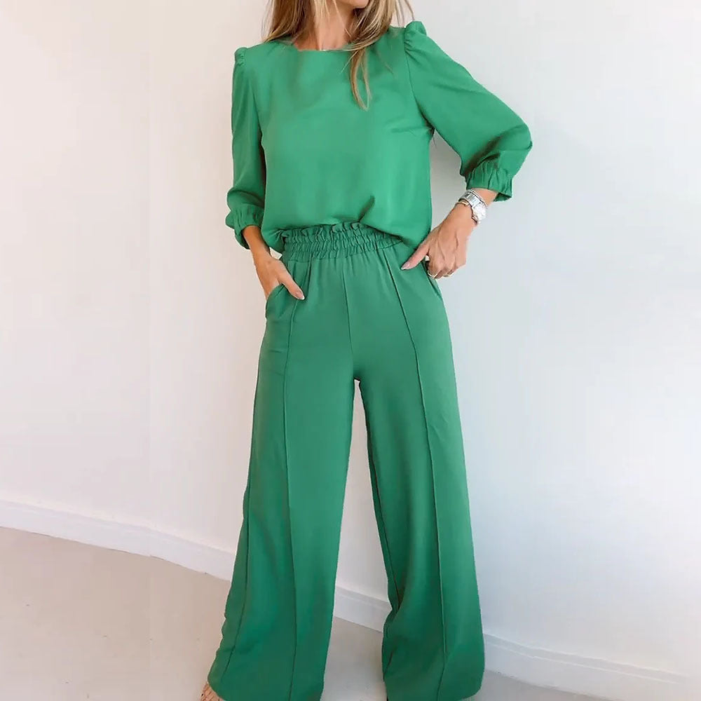 Loose round Neck 3/4 Sleeves High Elastic Wide Leg Pants Suit