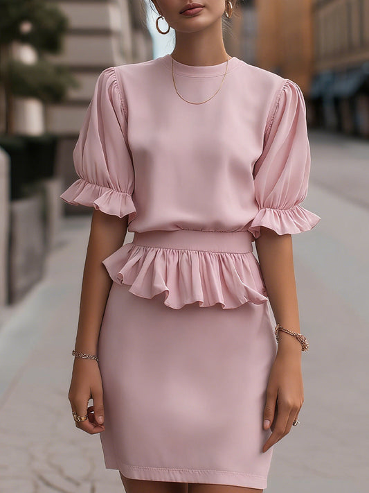Ruffled Waist Puff Sleeve Midi Dress