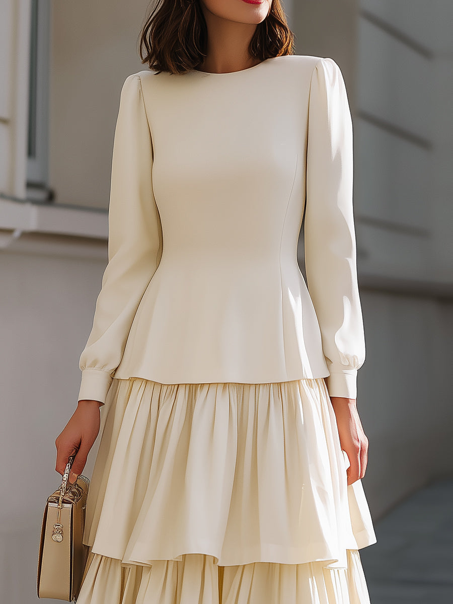 Elegant Ivory Peplum Tiered Midi Dress