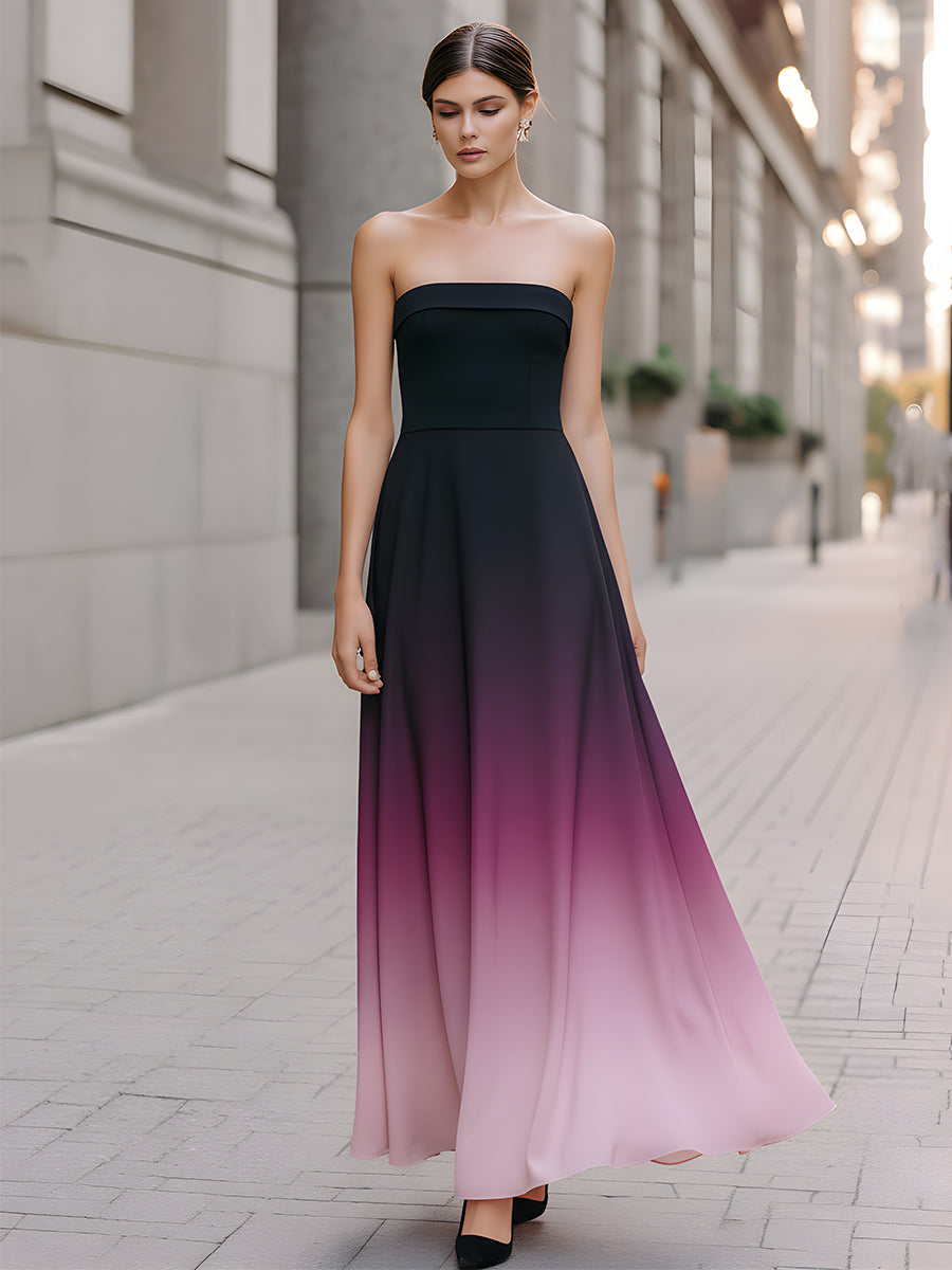 Black To Pink Ombre Strapless Maxi Gown
