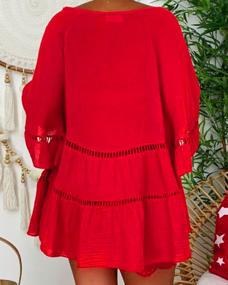 Plus Size Three-Quarter Sleeve Cotton and Linen V-neck Buttons Hollow-out Plus Size Dress