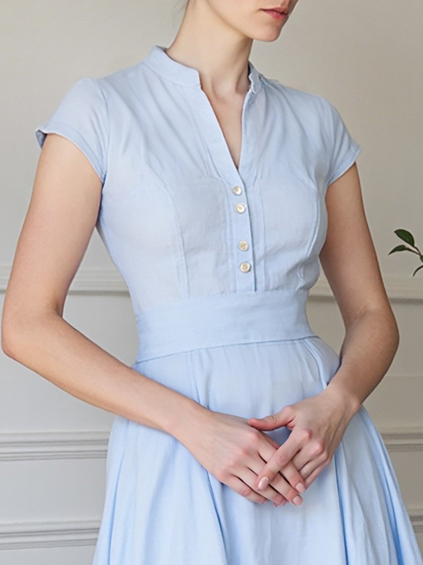 Maxi Cotton Dress , Short Sleeves, V Neck, Plain, Lace, French Vintage, Aqua blue