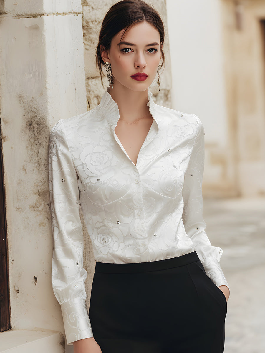 KSXTXX Embellished Satin Floral Button-Down Shirt