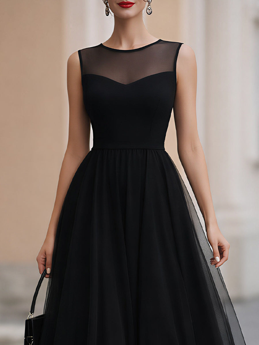 Black Sleeveless Mesh Yoke Tulle Midi Dress