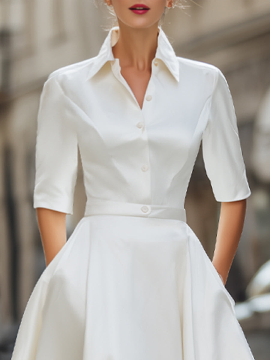 Timeless Ivory Satin Shirt Dress With Front Buttons