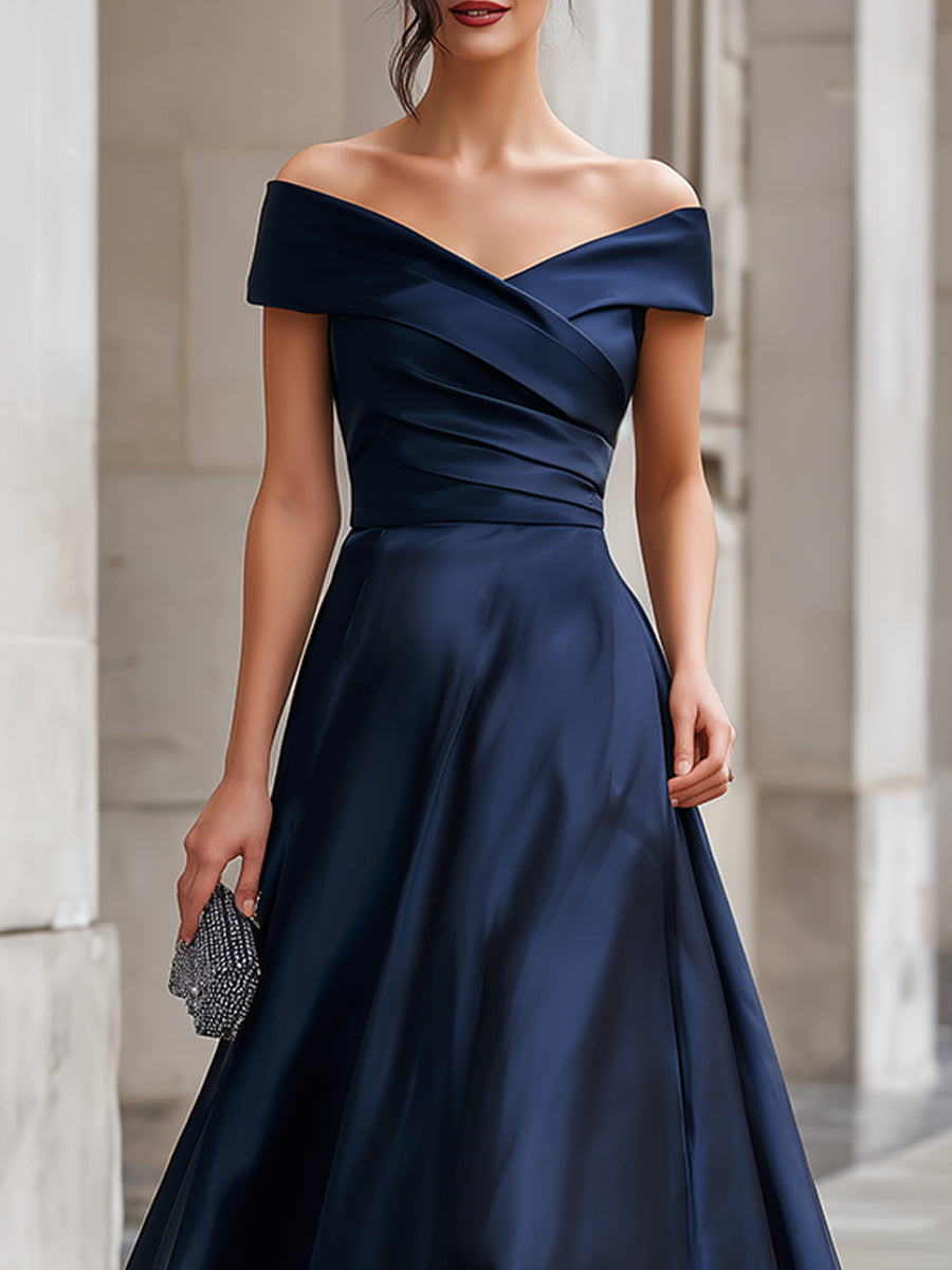 Navy Off-the-Shoulder Satin  Gown