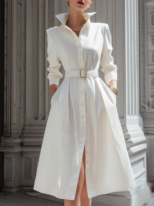 Elegant Shirt Dress With Belted Waist And High Collar