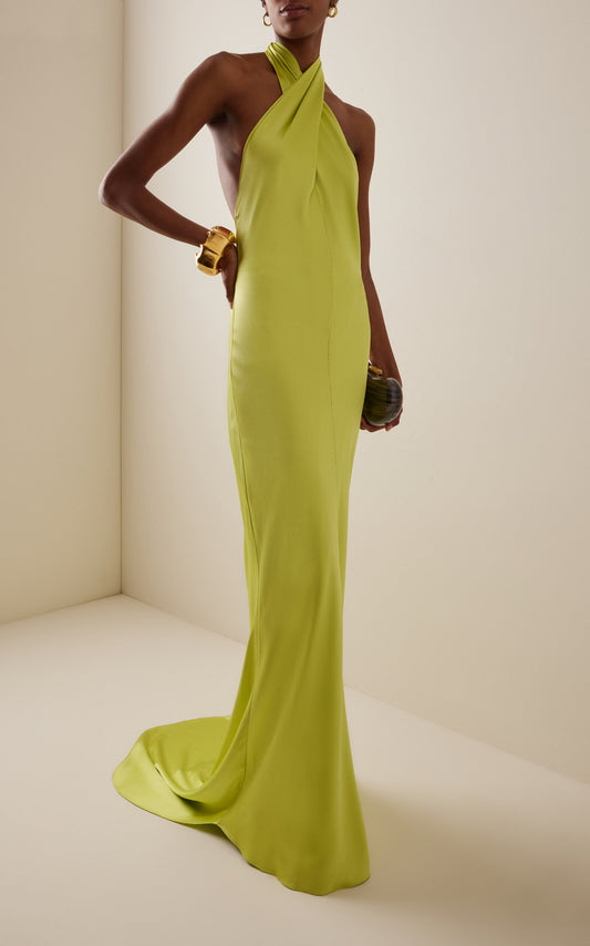 Olivia Cross-Halter Satin Maxi Dress