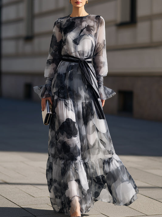 Abstract Print Tie Waist Maxi Dress